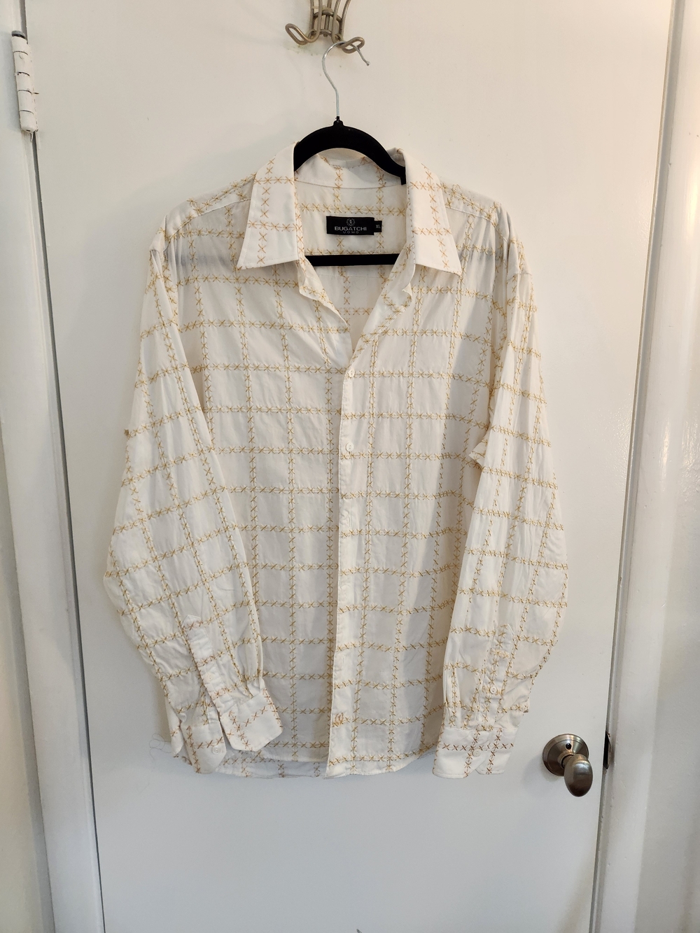 Bugatchi White Shirt with Gold Grid Pattern